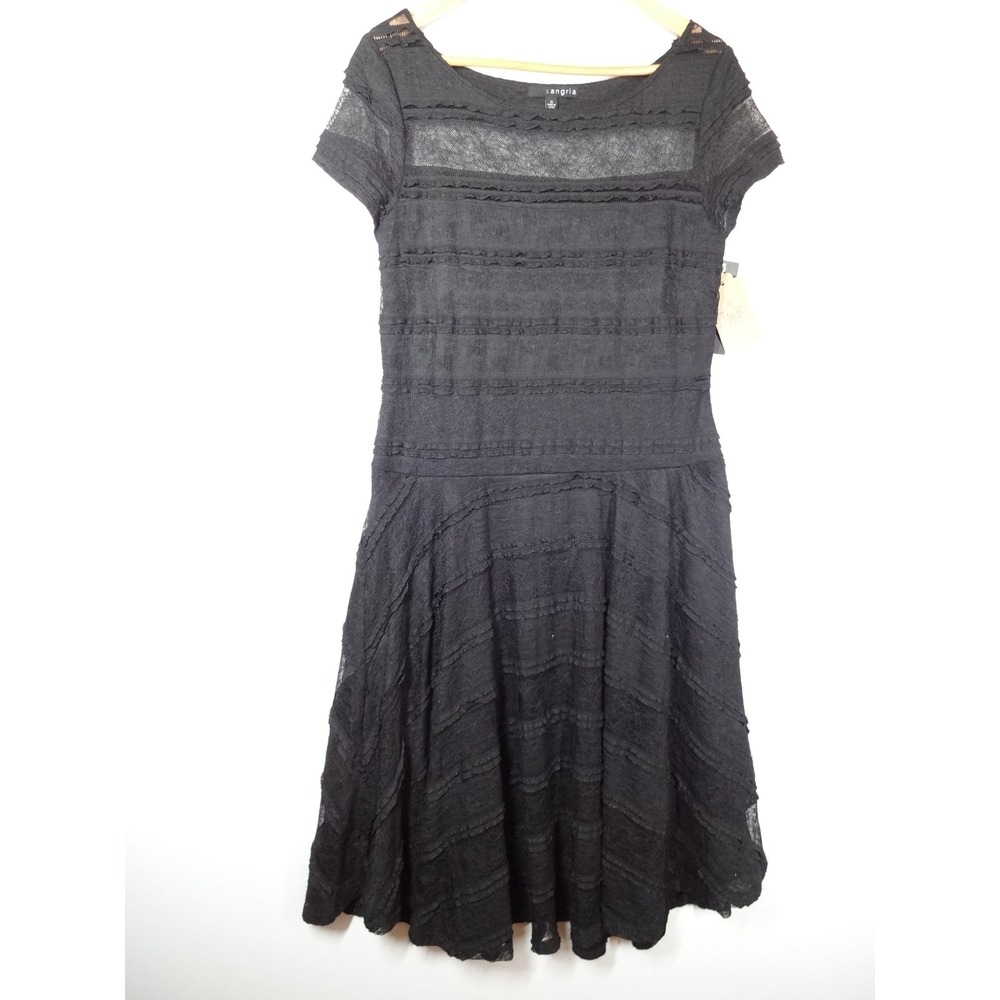 Sangria‎ Black Fit Flare Tiered Lace Dress NWT 14  Cocktail Wedding Guest Goth